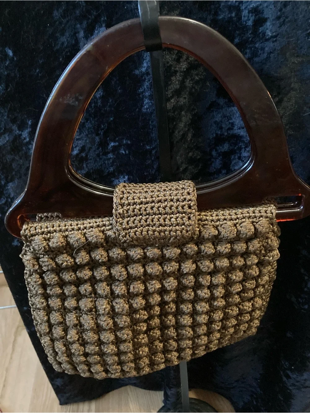 Classic Boho Purse Brown Hand Bag Retro Crochet Handmade Brown Lucite Handles